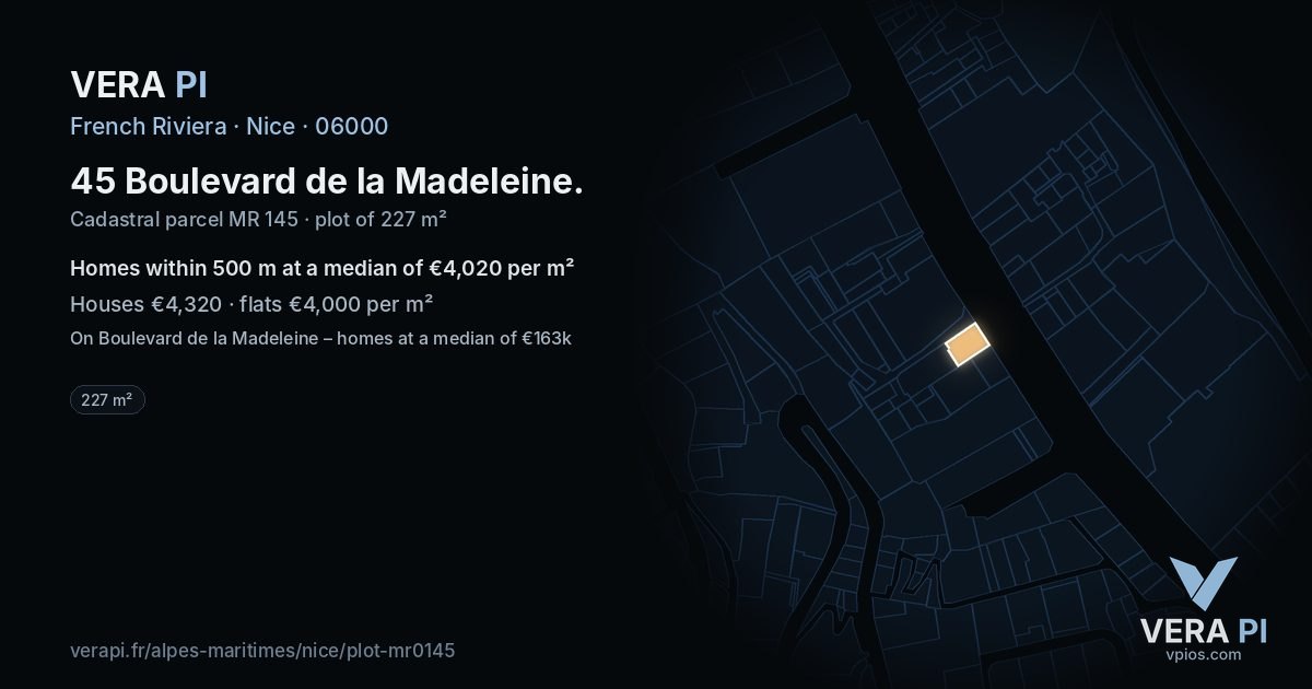 45 Boulevard de la Madeleine, Nice at night – the plot lit, the parcels around coloured by the prices near them