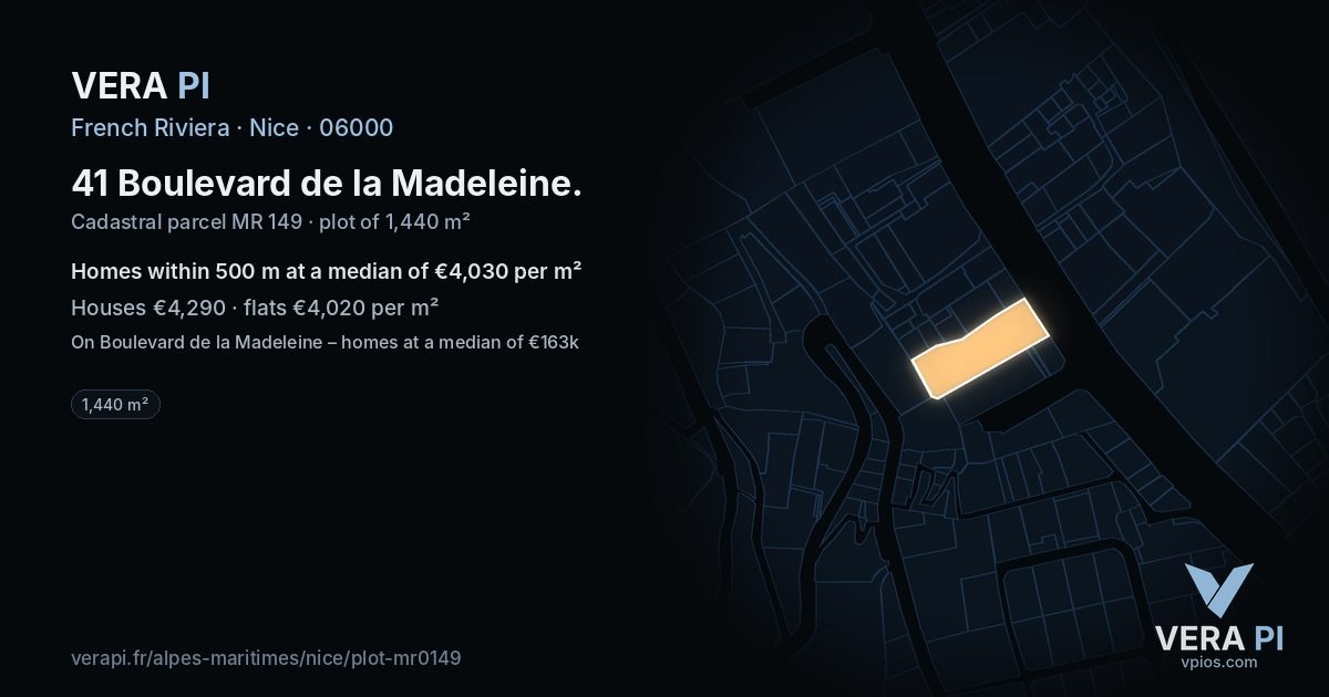 41 Boulevard de la Madeleine, Nice at night – the plot lit, the parcels around coloured by the prices near them