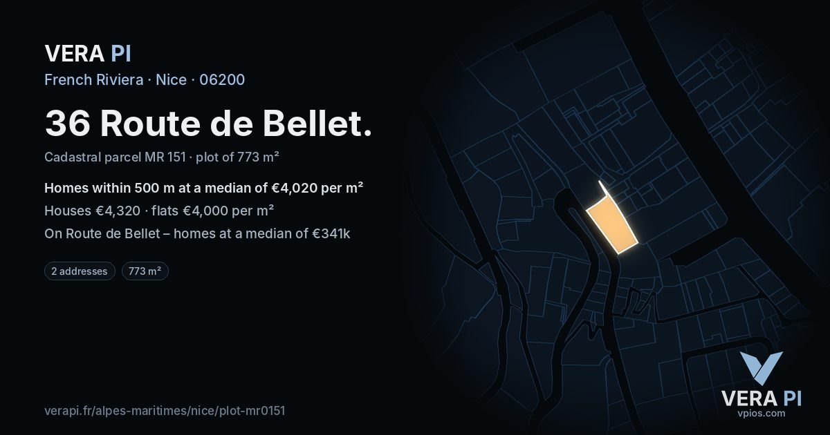 36 Route de Bellet, Nice at night – the plot lit, the parcels around coloured by the prices near them