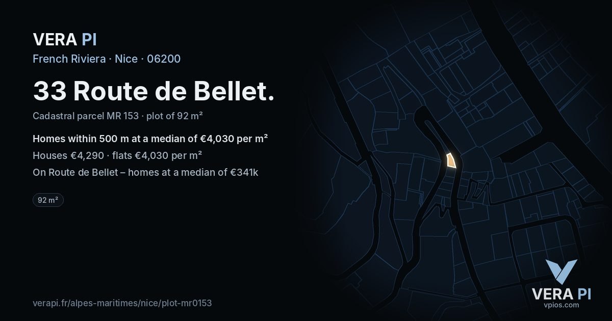 33 Route de Bellet, Nice at night – the plot lit, the parcels around coloured by the prices near them