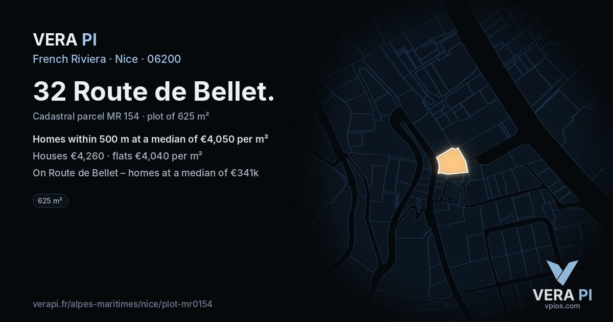32 Route de Bellet, Nice at night – the plot lit, the parcels around coloured by the prices near them