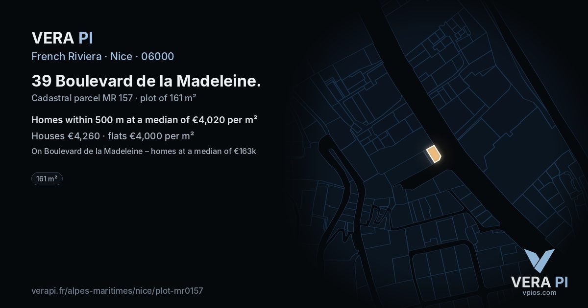39 Boulevard de la Madeleine, Nice at night – the plot lit, the parcels around coloured by the prices near them