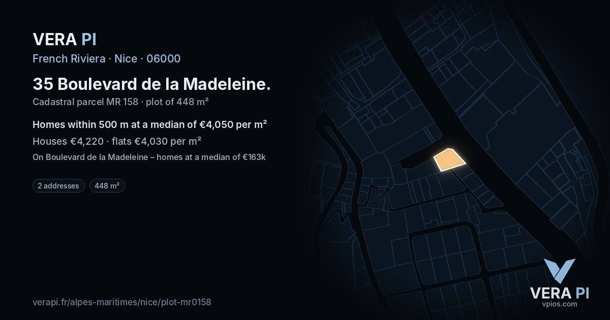35 Boulevard de la Madeleine, Nice at night – the plot lit, the parcels around coloured by the prices near them