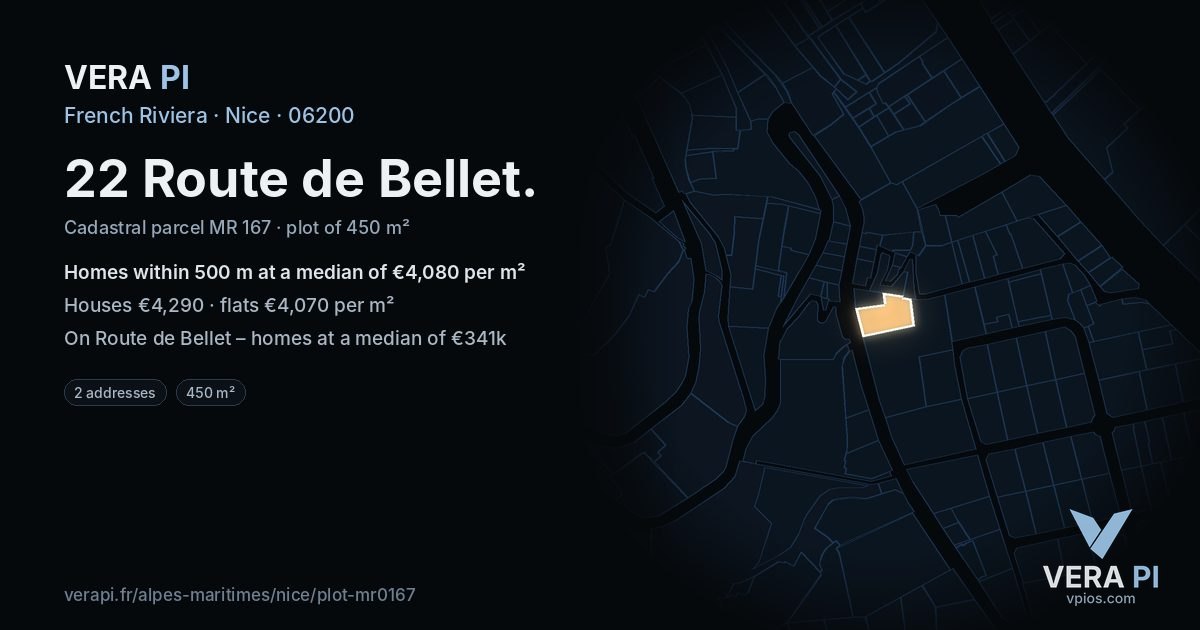 22 Route de Bellet, Nice at night – the plot lit, the parcels around coloured by the prices near them