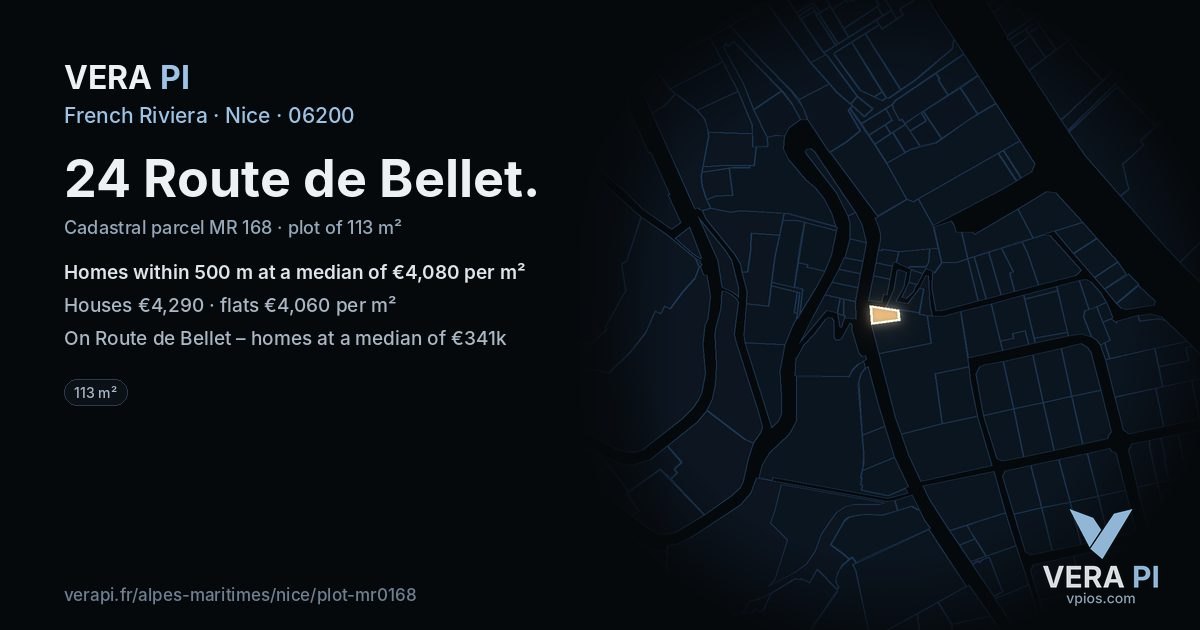 24 Route de Bellet, Nice at night – the plot lit, the parcels around coloured by the prices near them