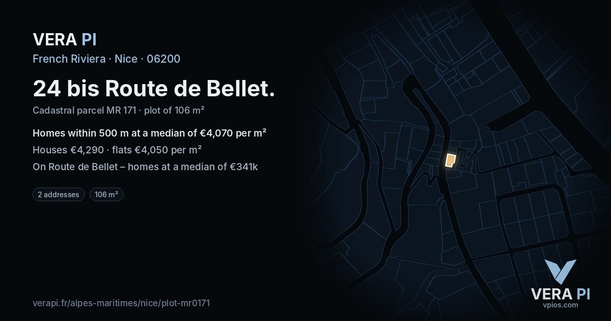 24 bis Route de Bellet, Nice at night – the plot lit, the parcels around coloured by the prices near them
