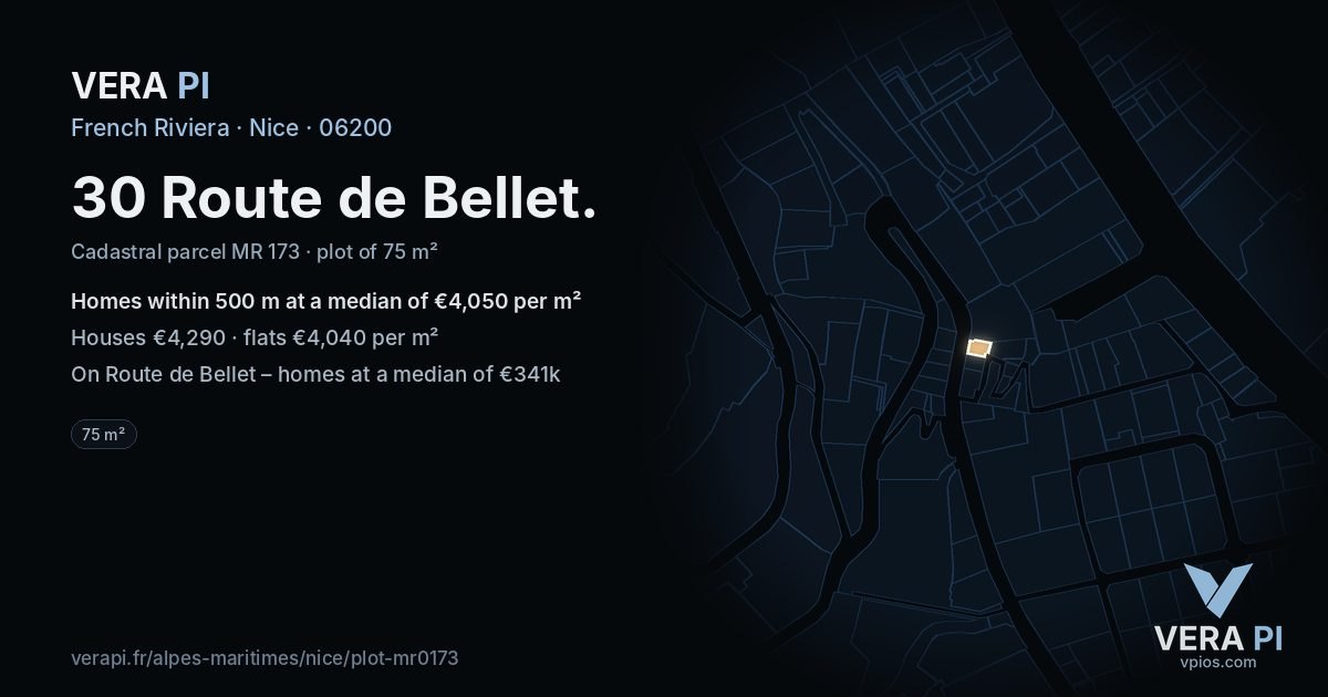 30 Route de Bellet, Nice at night – the plot lit, the parcels around coloured by the prices near them