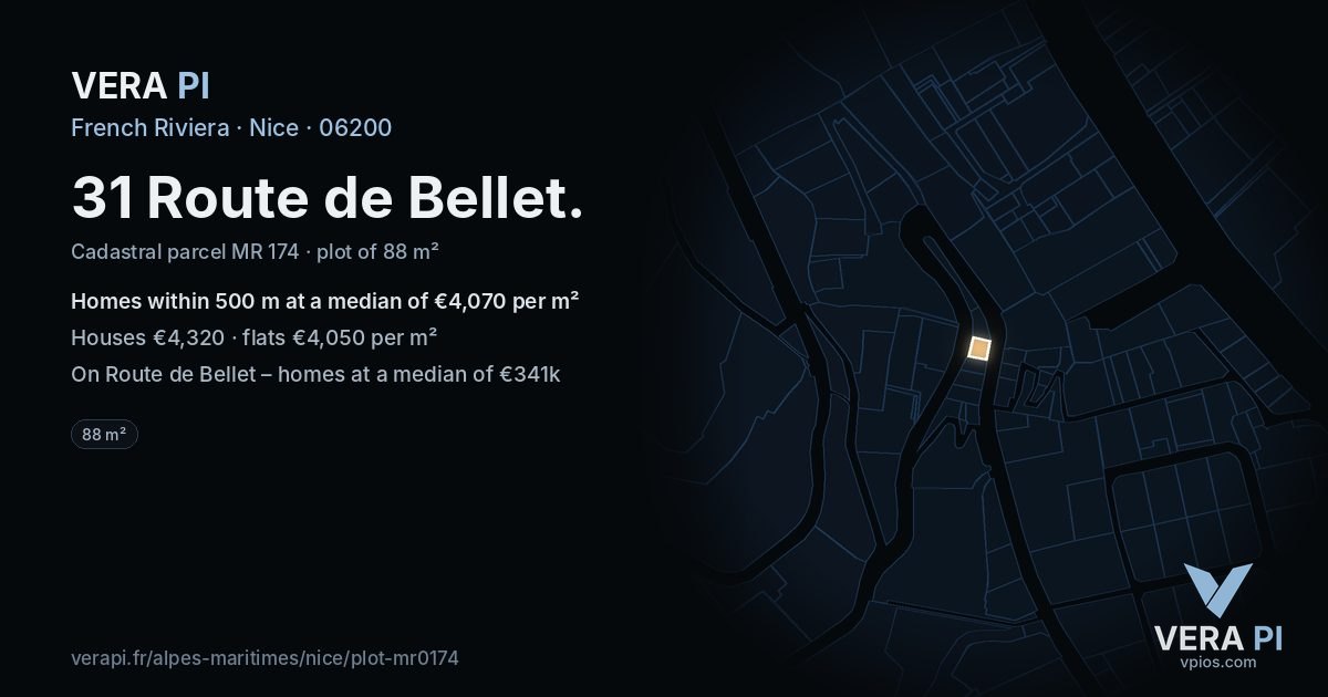 31 Route de Bellet, Nice at night – the plot lit, the parcels around coloured by the prices near them