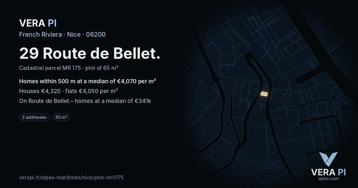 29 Route de Bellet, Nice at night – the plot lit, the parcels around coloured by the prices near them