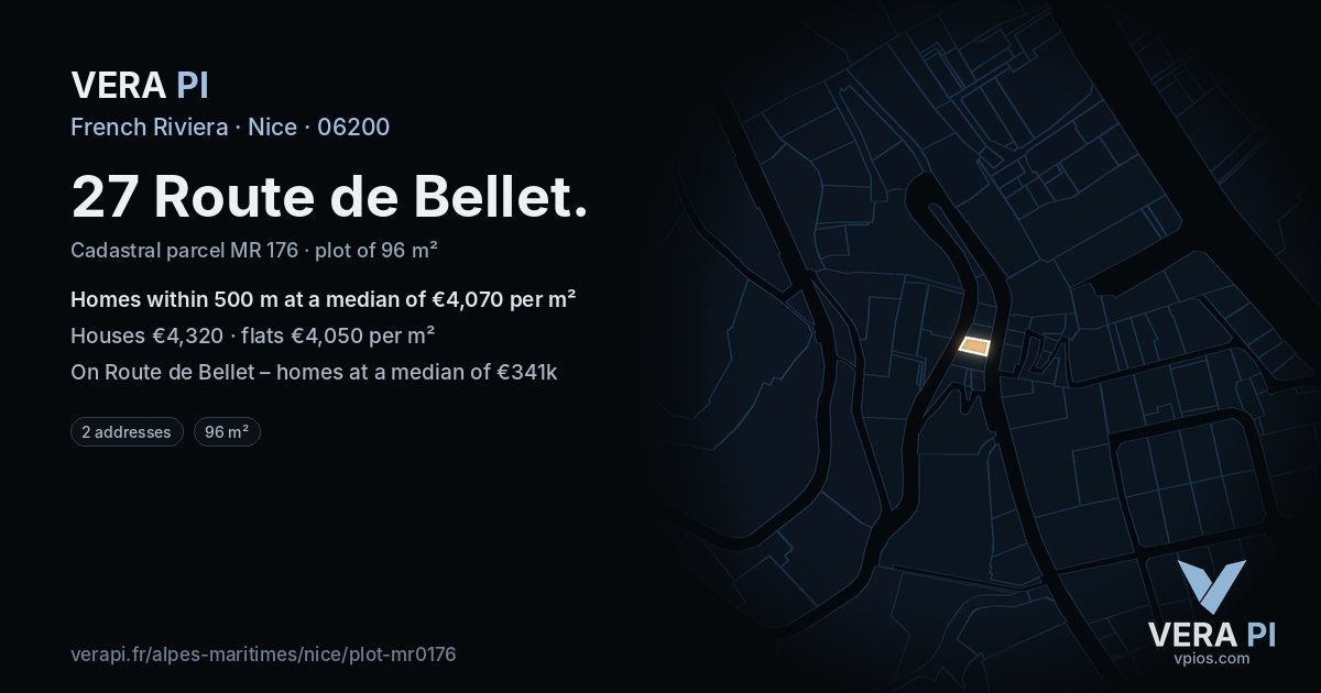 27 Route de Bellet, Nice at night – the plot lit, the parcels around coloured by the prices near them