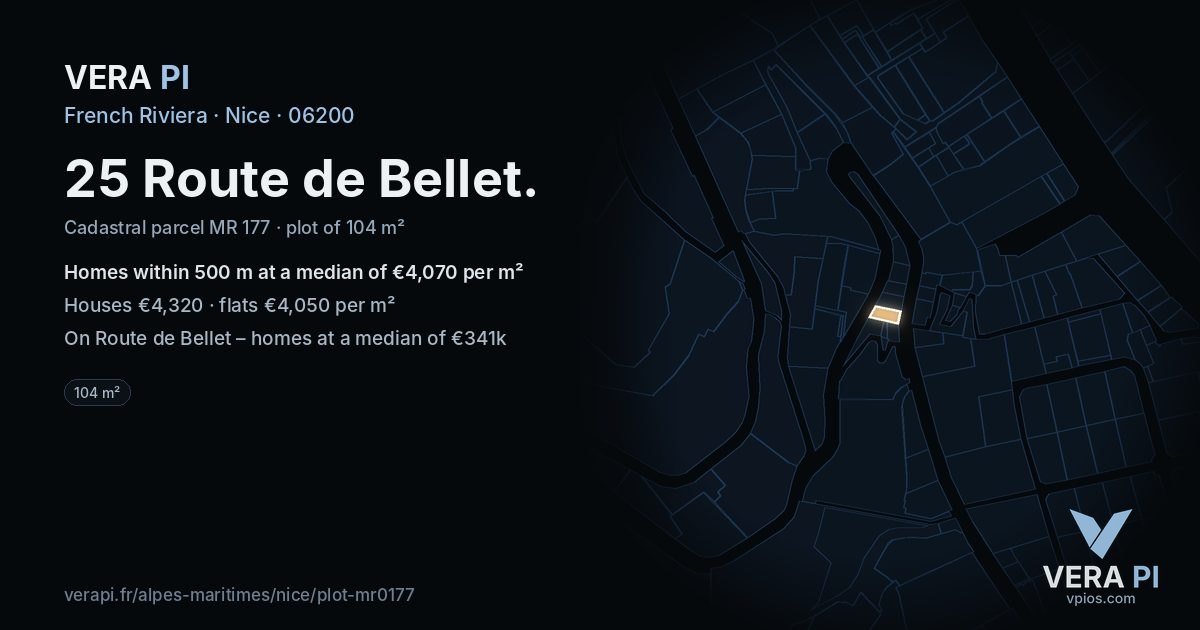 25 Route de Bellet, Nice at night – the plot lit, the parcels around coloured by the prices near them