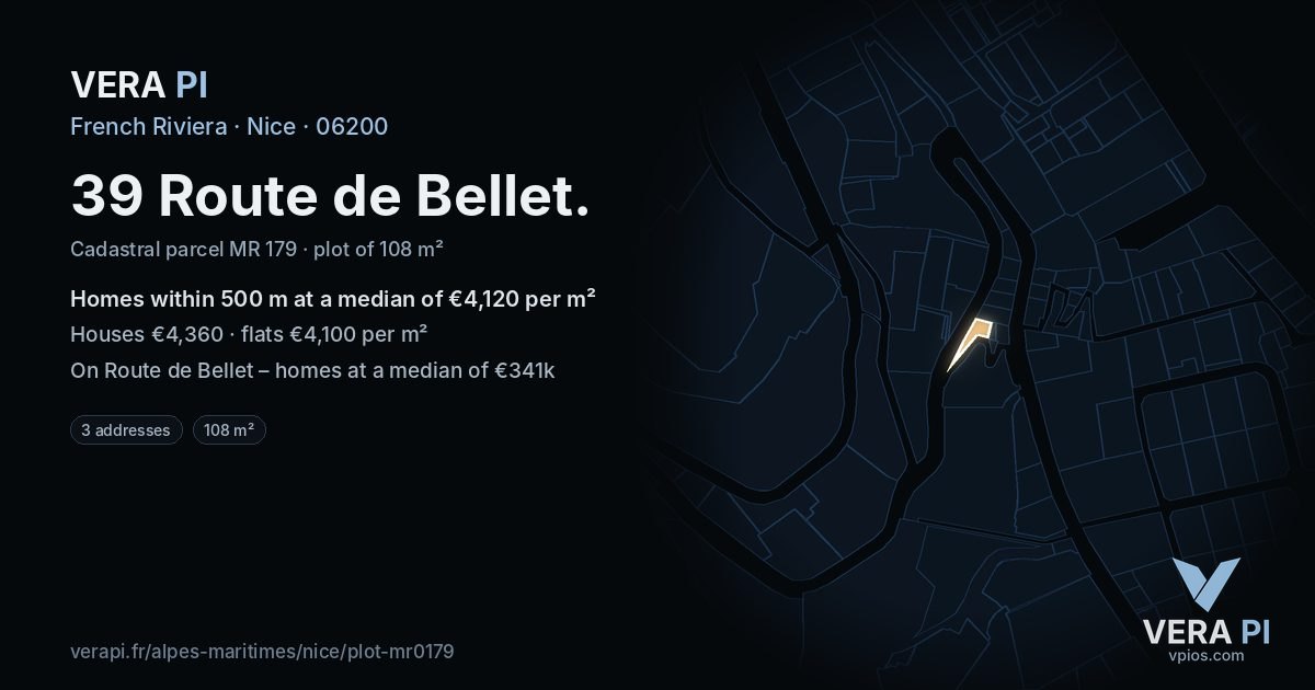 39 Route de Bellet, Nice at night – the plot lit, the parcels around coloured by the prices near them