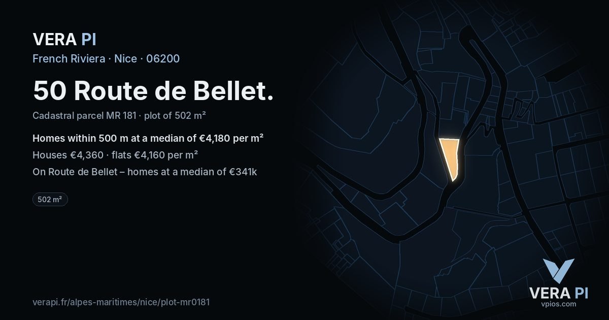 50 Route de Bellet, Nice at night – the plot lit, the parcels around coloured by the prices near them