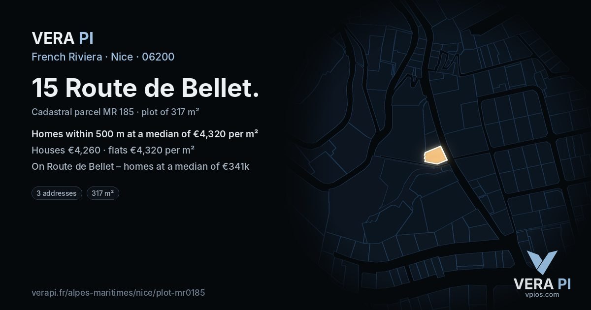 15 Route de Bellet, Nice at night – the plot lit, the parcels around coloured by the prices near them