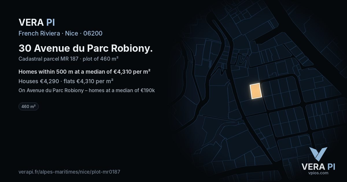 30 Avenue du Parc Robiony, Nice at night – the plot lit, the parcels around coloured by the prices near them