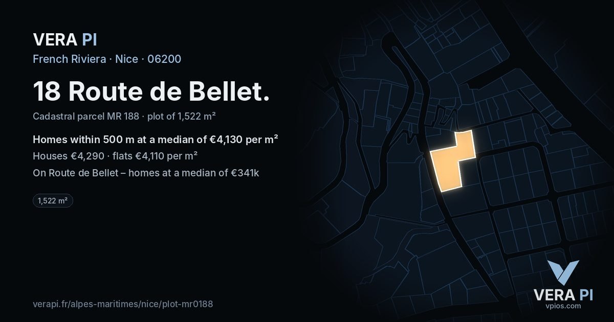 18 Route de Bellet, Nice at night – the plot lit, the parcels around coloured by the prices near them