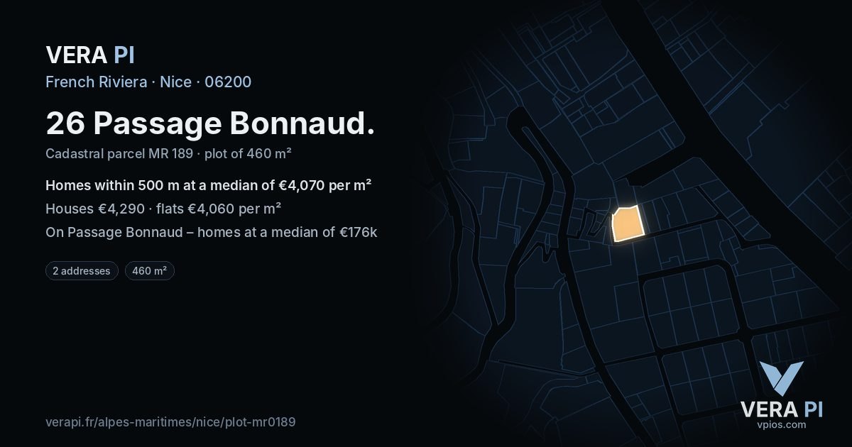 26 Passage Bonnaud, Nice at night – the plot lit, the parcels around coloured by the prices near them