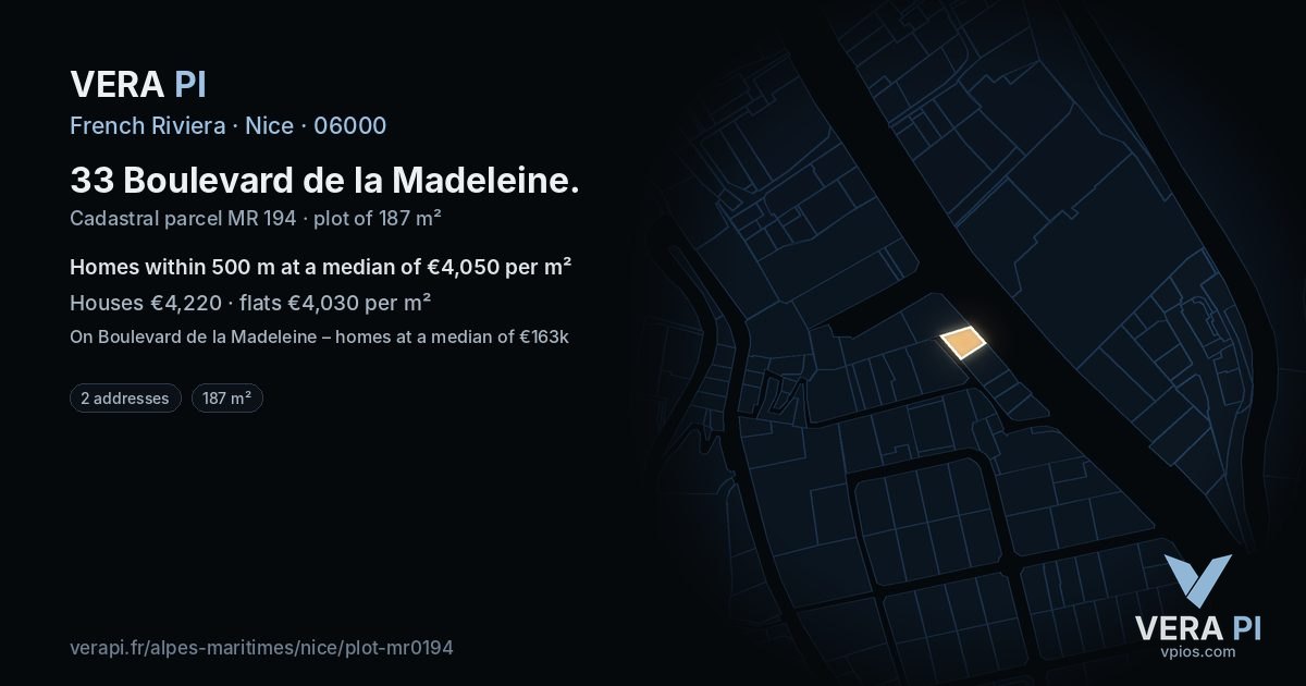 33 Boulevard de la Madeleine, Nice at night – the plot lit, the parcels around coloured by the prices near them