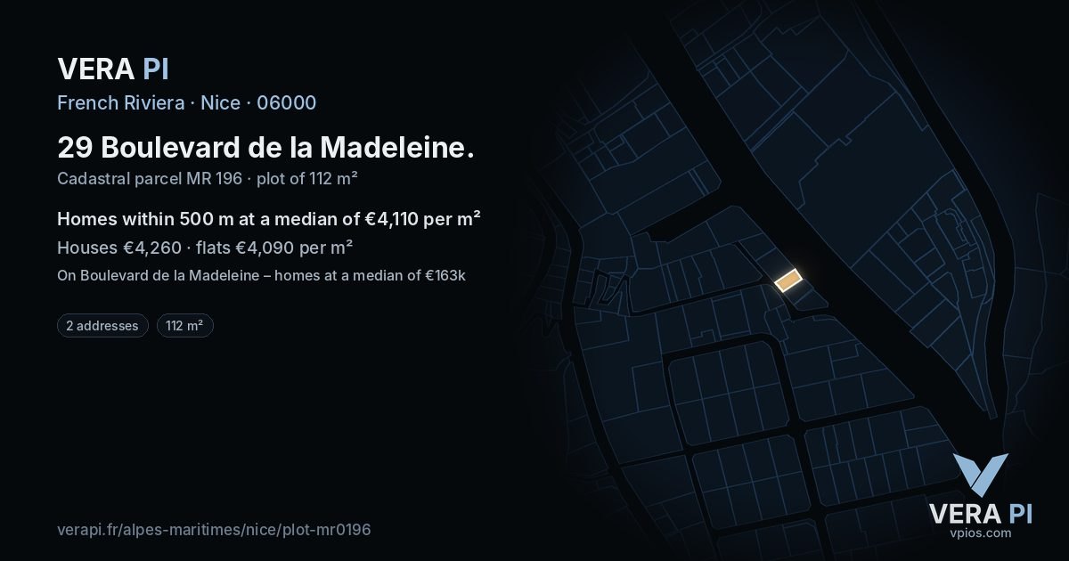 29 Boulevard de la Madeleine, Nice at night – the plot lit, the parcels around coloured by the prices near them