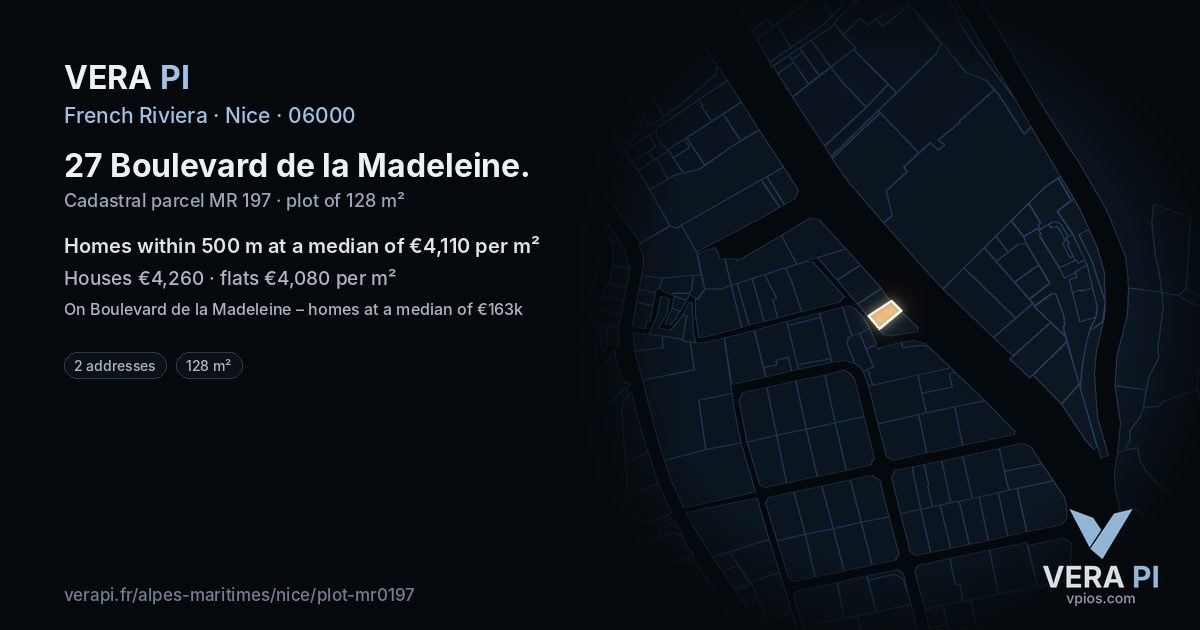 27 Boulevard de la Madeleine, Nice at night – the plot lit, the parcels around coloured by the prices near them