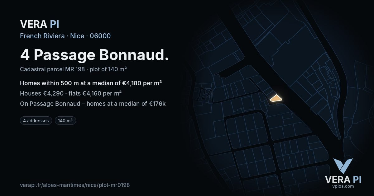 4 Passage Bonnaud, Nice at night – the plot lit, the parcels around coloured by the prices near them