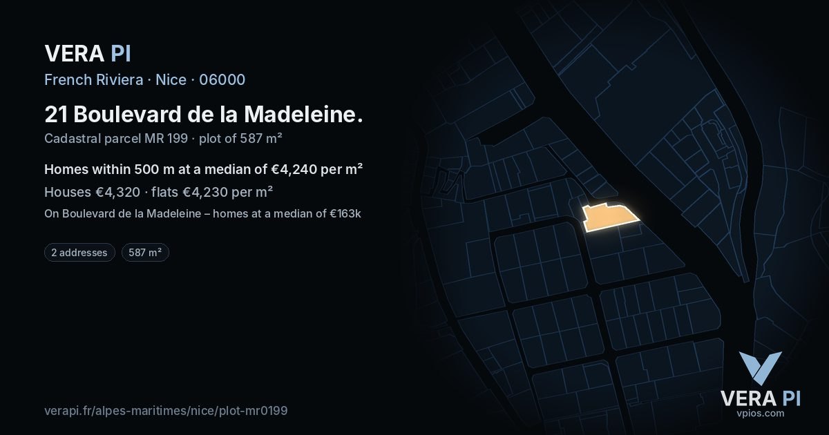 21 Boulevard de la Madeleine, Nice at night – the plot lit, the parcels around coloured by the prices near them