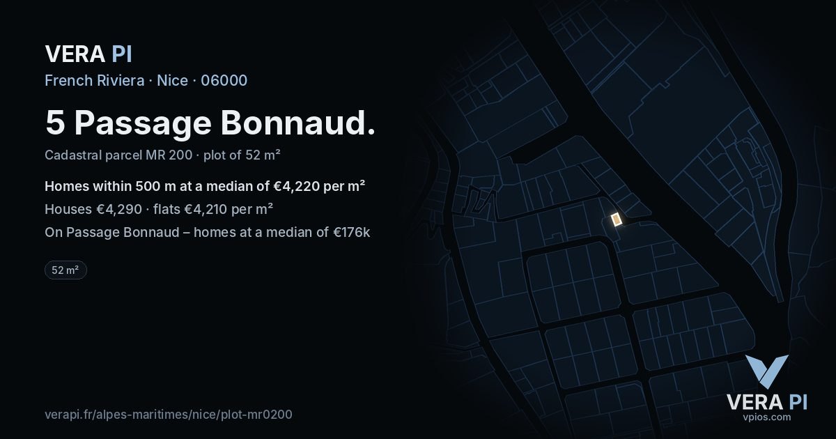 5 Passage Bonnaud, Nice at night – the plot lit, the parcels around coloured by the prices near them