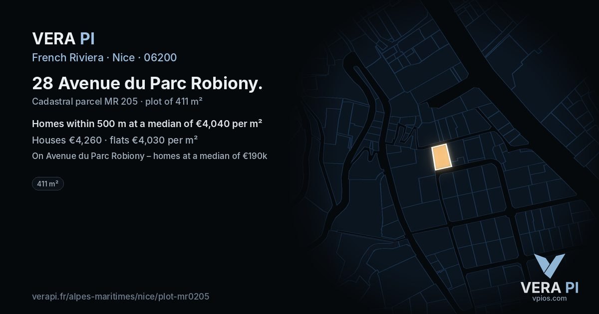 28 Avenue du Parc Robiony, Nice at night – the plot lit, the parcels around coloured by the prices near them