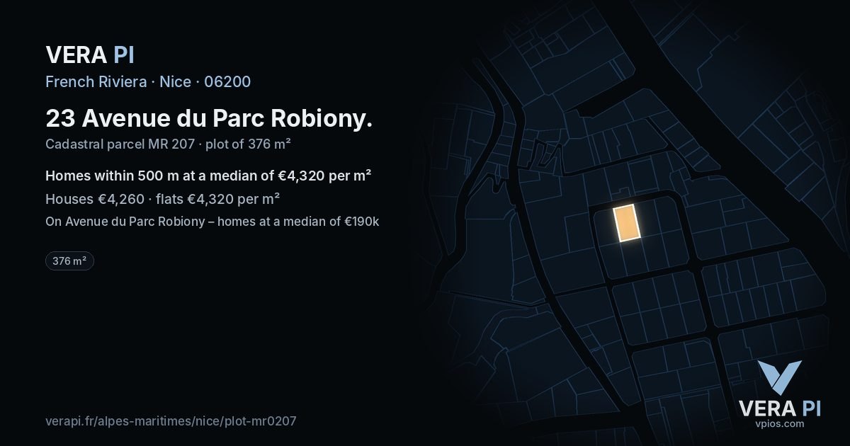 23 Avenue du Parc Robiony, Nice at night – the plot lit, the parcels around coloured by the prices near them
