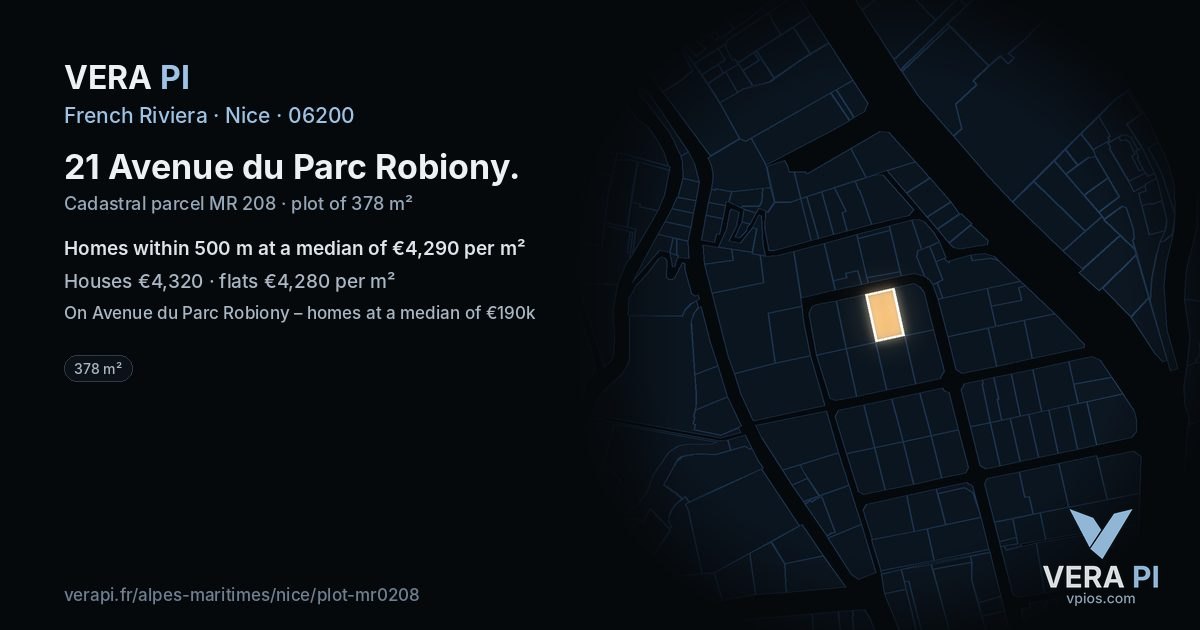 21 Avenue du Parc Robiony, Nice at night – the plot lit, the parcels around coloured by the prices near them