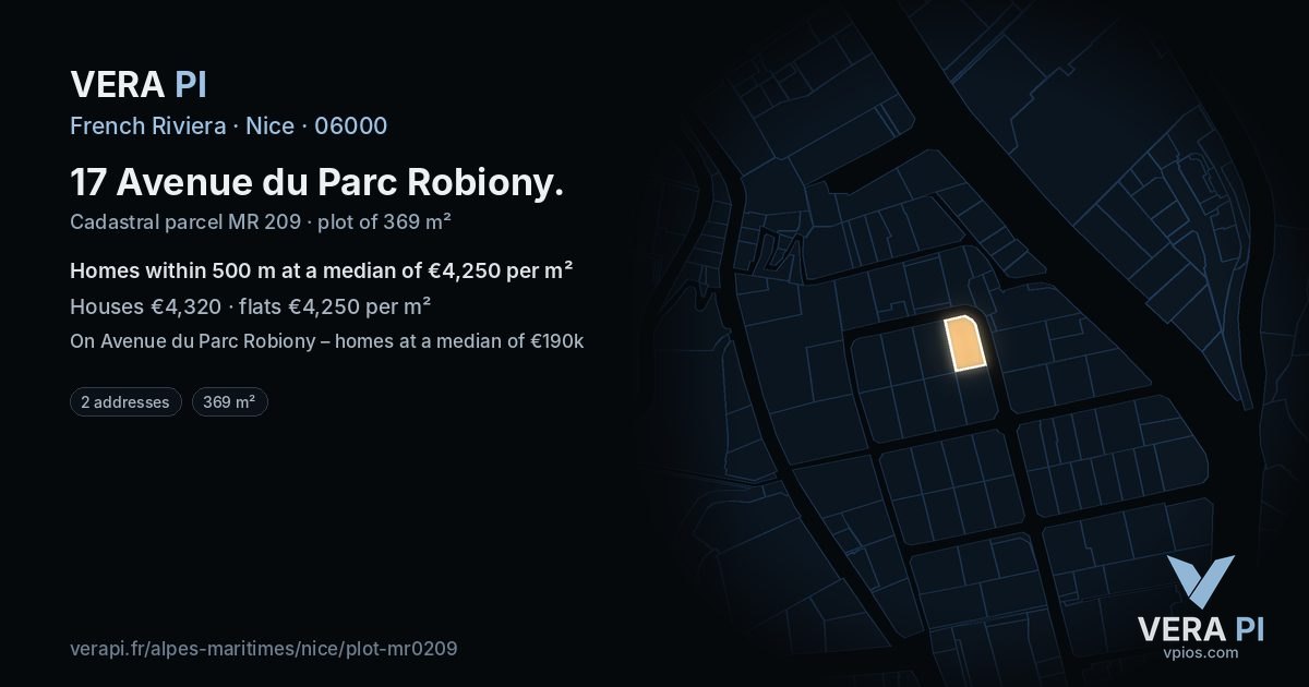 17 Avenue du Parc Robiony, Nice at night – the plot lit, the parcels around coloured by the prices near them