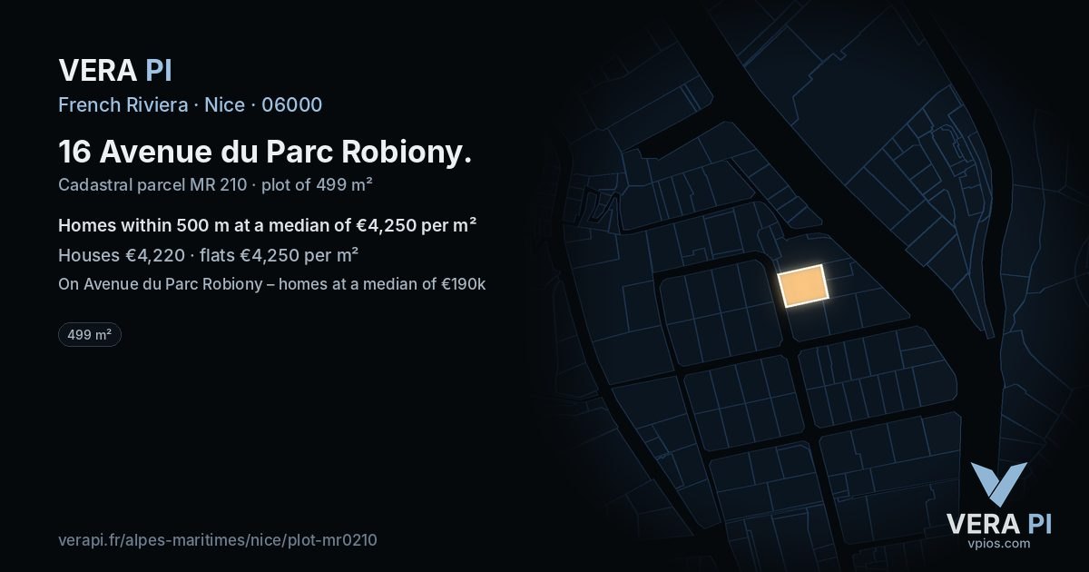 16 Avenue du Parc Robiony, Nice at night – the plot lit, the parcels around coloured by the prices near them