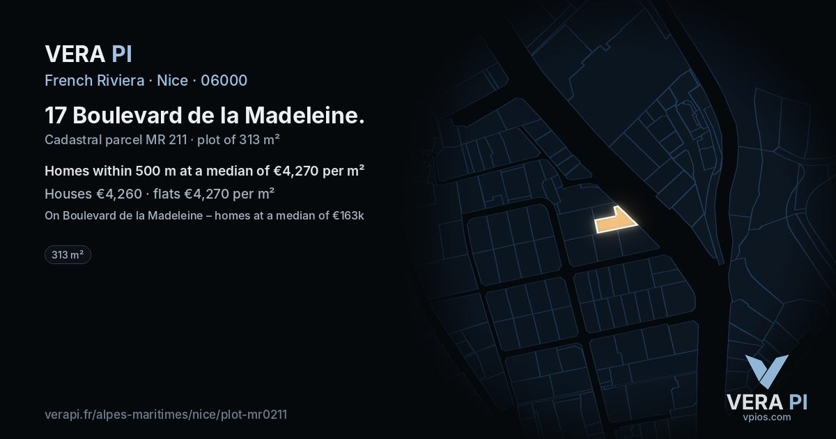 17 Boulevard de la Madeleine, Nice at night – the plot lit, the parcels around coloured by the prices near them