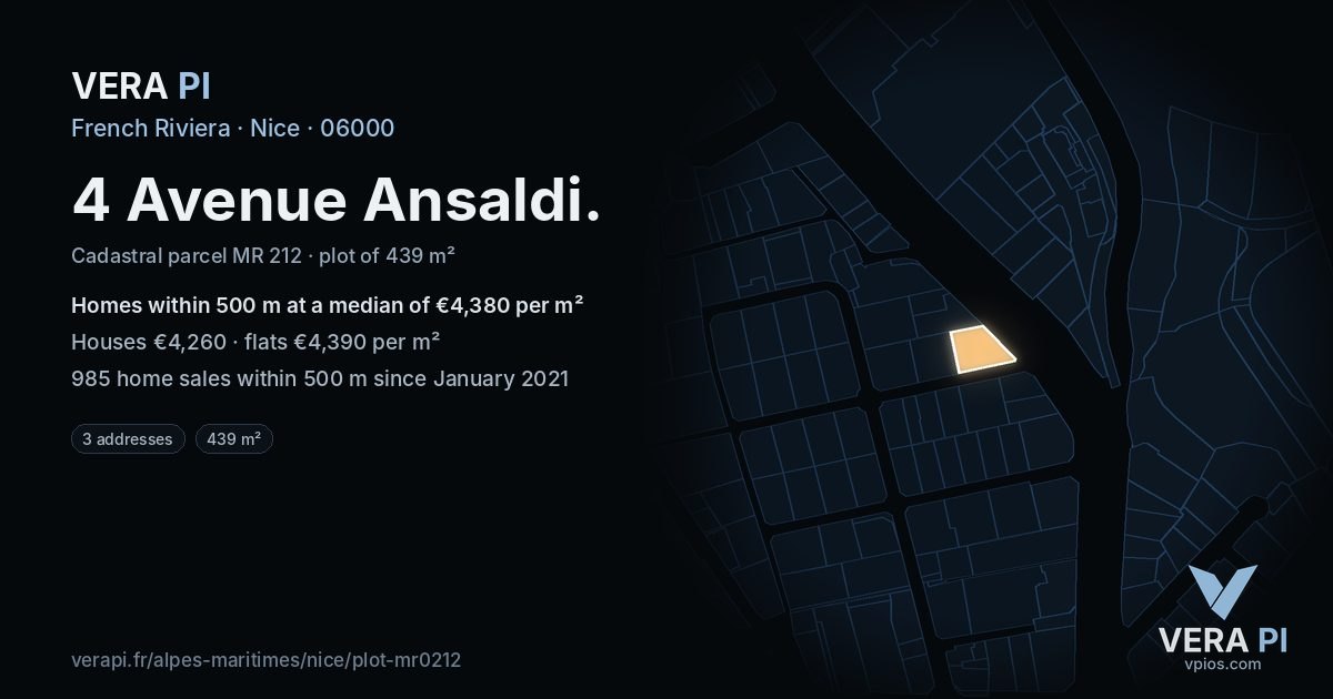 4 Avenue Ansaldi, Nice at night – the plot lit, the parcels around coloured by the prices near them