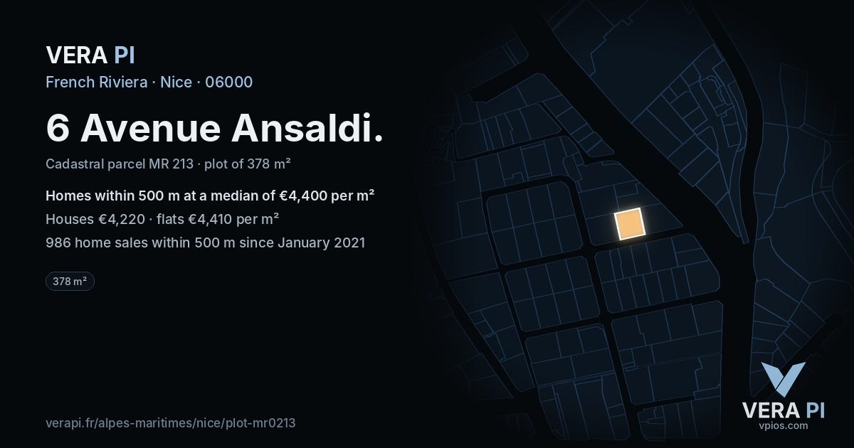 6 Avenue Ansaldi, Nice at night – the plot lit, the parcels around coloured by the prices near them