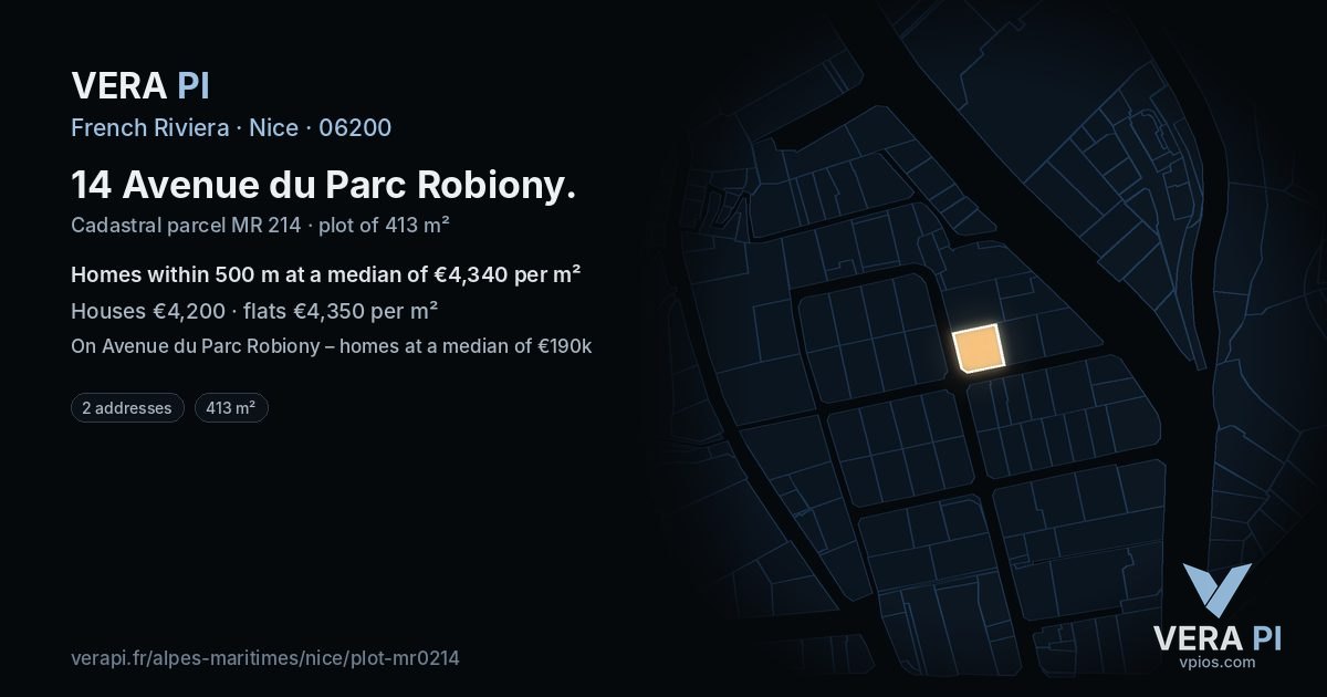 14 Avenue du Parc Robiony, Nice at night – the plot lit, the parcels around coloured by the prices near them