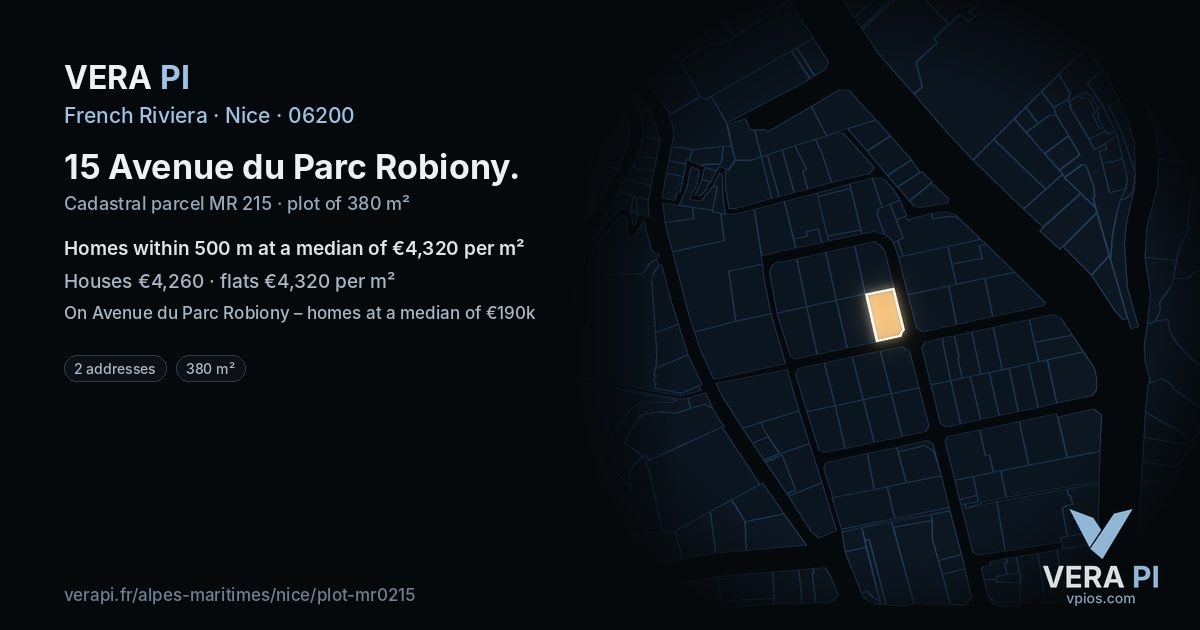 15 Avenue du Parc Robiony, Nice at night – the plot lit, the parcels around coloured by the prices near them