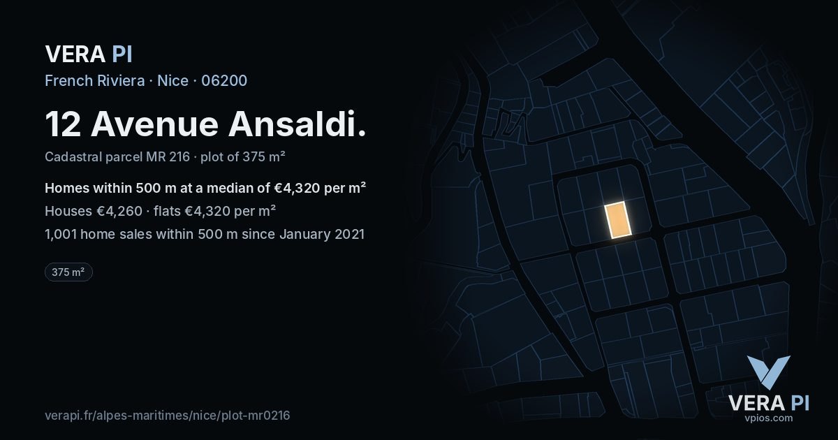 12 Avenue Ansaldi, Nice at night – the plot lit, the parcels around coloured by the prices near them