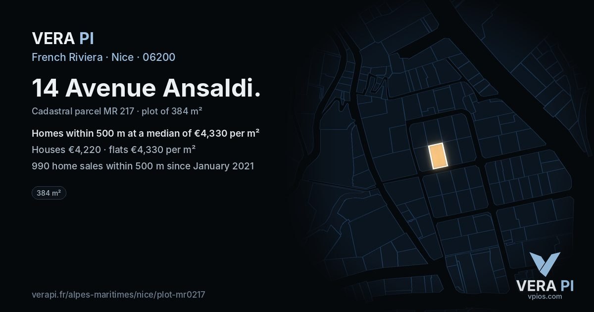 14 Avenue Ansaldi, Nice at night – the plot lit, the parcels around coloured by the prices near them