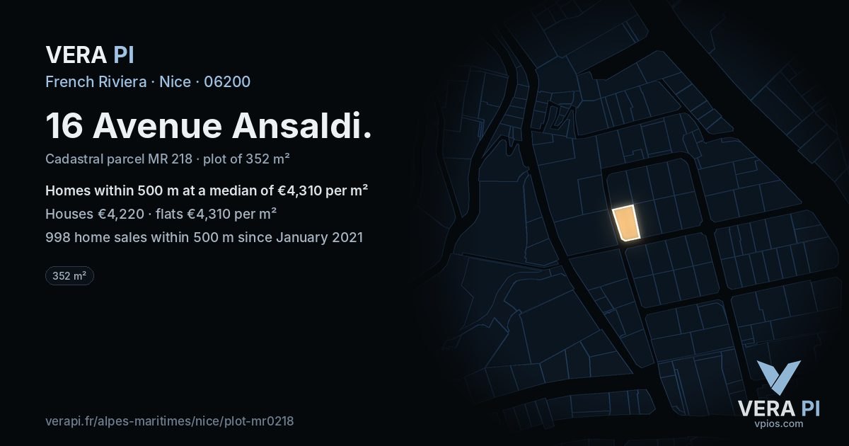 16 Avenue Ansaldi, Nice at night – the plot lit, the parcels around coloured by the prices near them