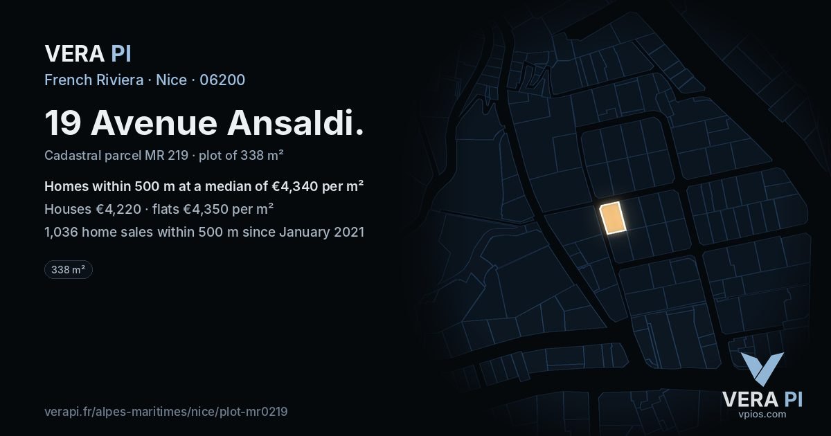 19 Avenue Ansaldi, Nice at night – the plot lit, the parcels around coloured by the prices near them