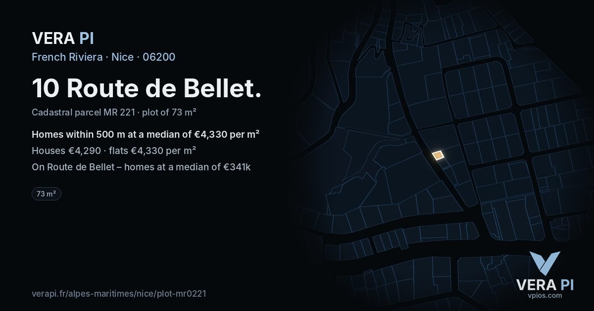 10 Route de Bellet, Nice at night – the plot lit, the parcels around coloured by the prices near them