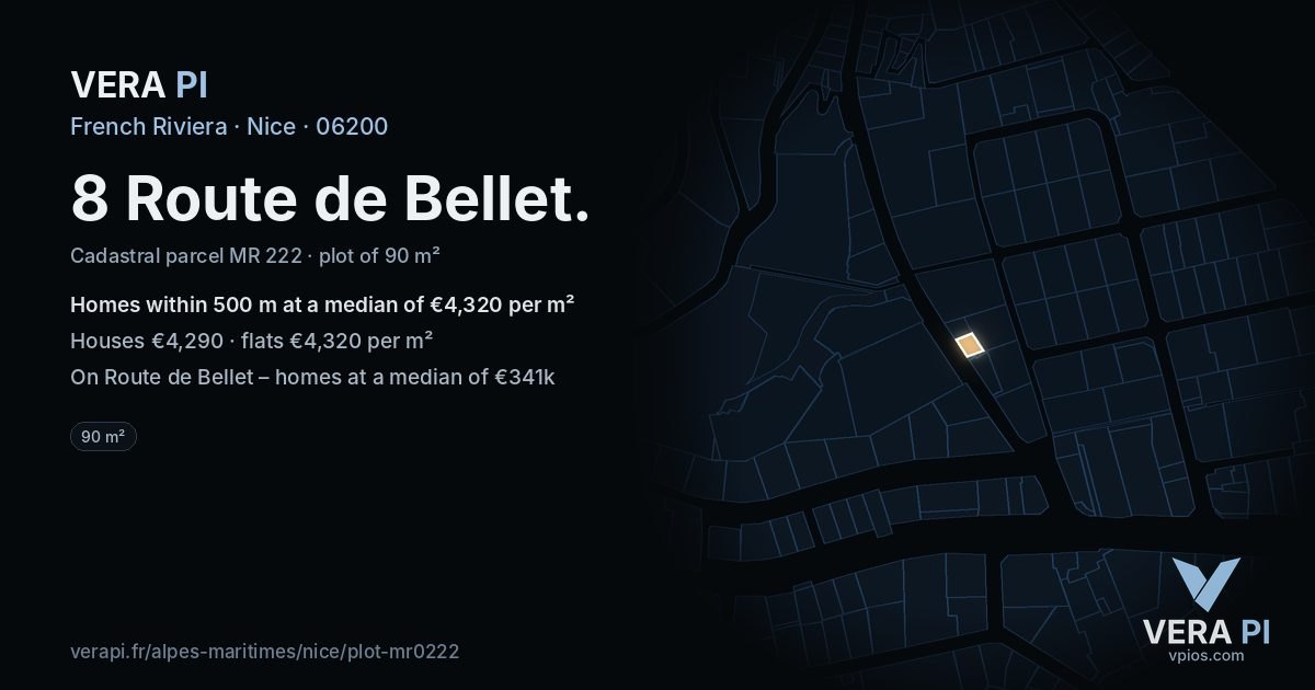 8 Route de Bellet, Nice at night – the plot lit, the parcels around coloured by the prices near them