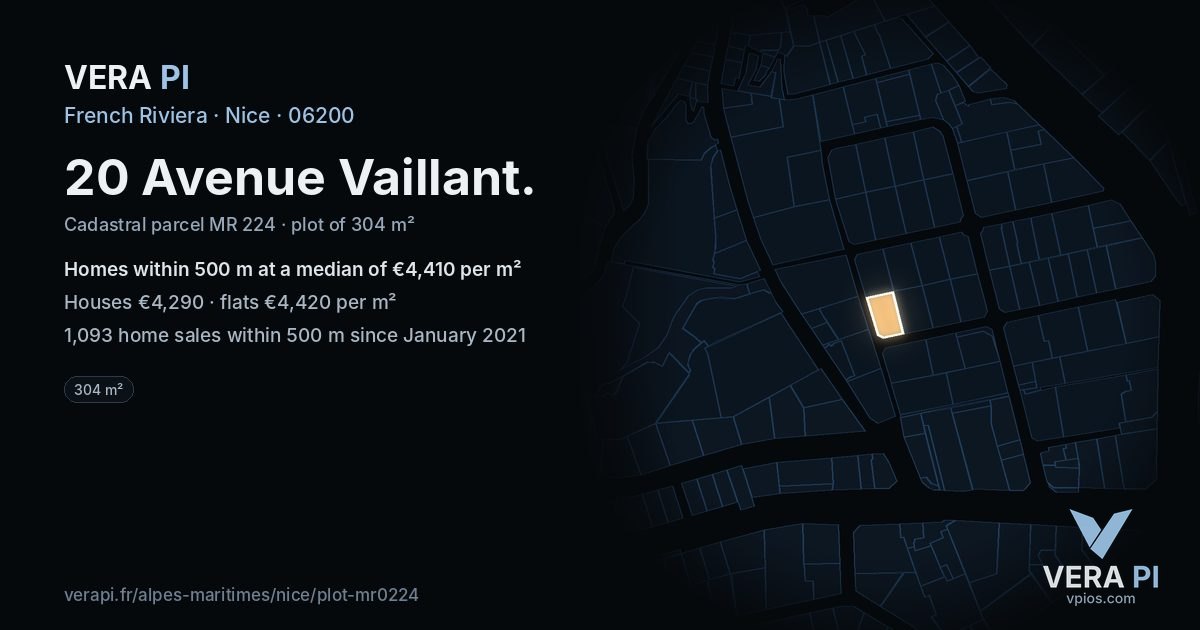 20 Avenue Vaillant, Nice at night – the plot lit, the parcels around coloured by the prices near them