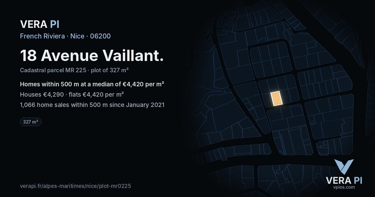 18 Avenue Vaillant, Nice at night – the plot lit, the parcels around coloured by the prices near them
