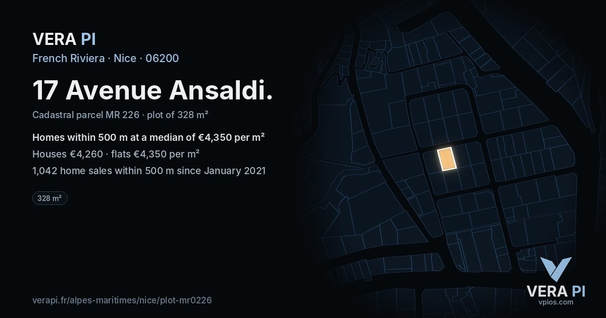 17 Avenue Ansaldi, Nice at night – the plot lit, the parcels around coloured by the prices near them