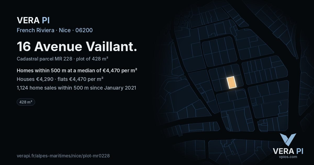 16 Avenue Vaillant, Nice at night – the plot lit, the parcels around coloured by the prices near them