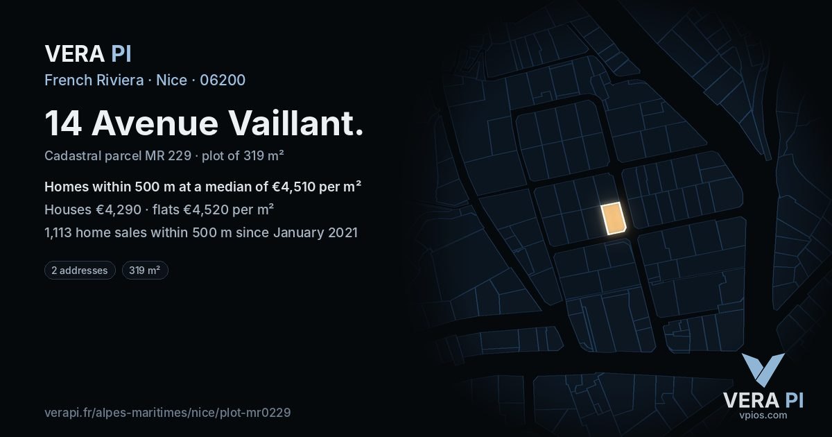 14 Avenue Vaillant, Nice at night – the plot lit, the parcels around coloured by the prices near them
