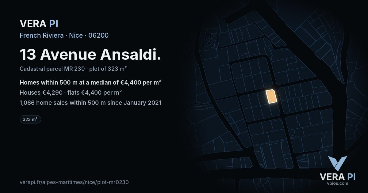 13 Avenue Ansaldi, Nice at night – the plot lit, the parcels around coloured by the prices near them