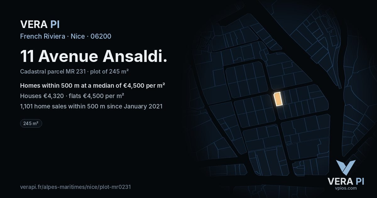 11 Avenue Ansaldi, Nice at night – the plot lit, the parcels around coloured by the prices near them